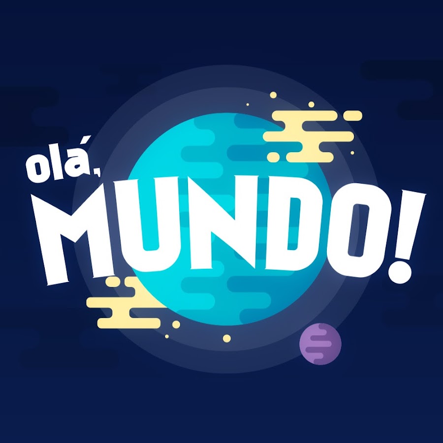 Imagem com figuras geométricas ao fundo e uma figura do planeta Terra a frente, com a inscrição Olá Mundo em letras coloridas